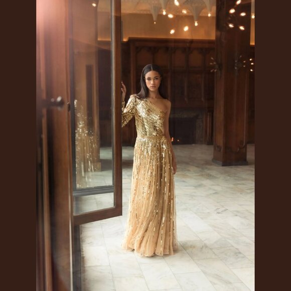 Mac Duggal 5508 Size‎ 16 Gold One Shoulder Sequined Beaded Long Maxi Gown Dress - Picture 4 of 6